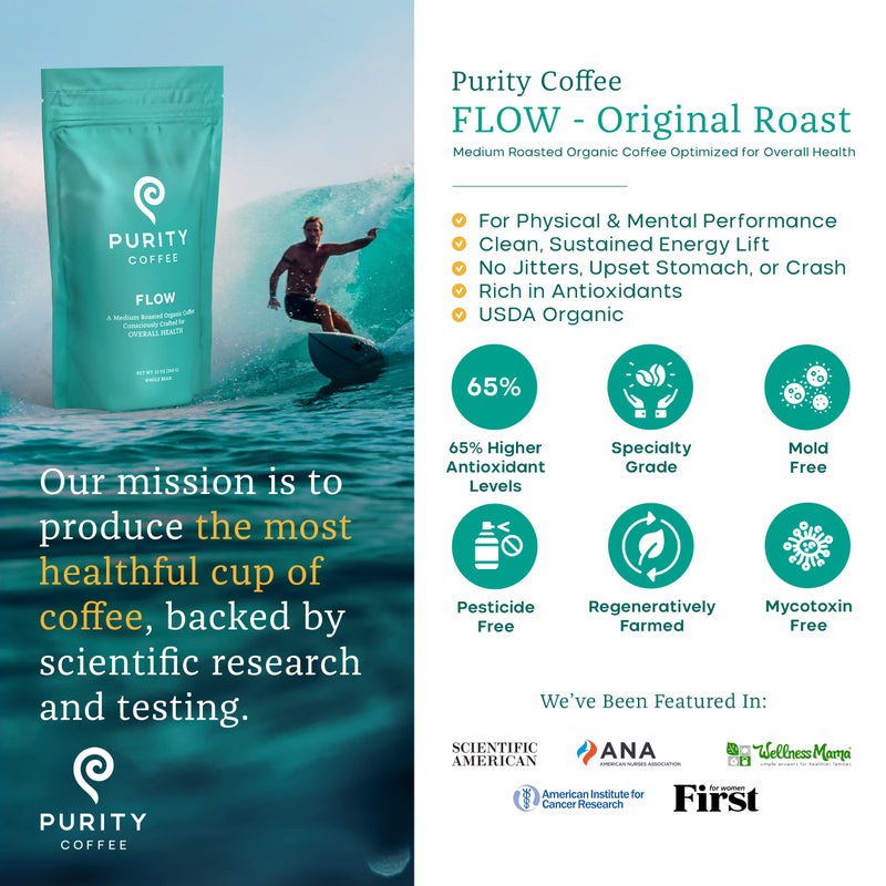 Purity Coffee FLOW Medium Roast Organic Coffee - USDA Certified Organic Specialty Grade Arabica Whole Bean Coffee - Third Party Tested for Mold, Mycotoxins and Pesticides - 12 oz Bag - Image 2